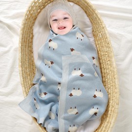 mimixiong Baby Blanket Knit 100% Cotton Toddler Blankets for Boys and Girls with Cute Sheep Size 30 x 40 inches Blue