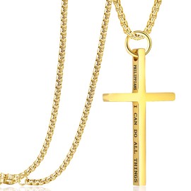 Rehoboth Cross Pendant Necklaces for Men Women Philippians 4:13 Bible Verse I Can Do All Things Stainless Steel Chain 16/20/24/28 Inchs Black Silver Gold (24 inchs,Gold)