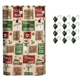 Winter Wonderland Christmas Signs Fabric Shower Curtain & Hook Set, Holiday Design Polyester Blend