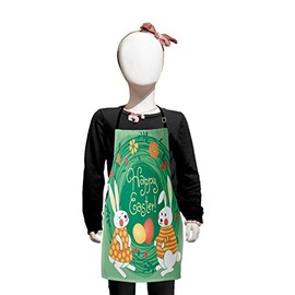 Lunarable Easter Apron, Retro Bunnies and Colored Eggs in Floral Wreath April Vintage Graphic, Small Apron Bib with Adjustable Ties for Baking Painting, Small Size, Jade Green Orange