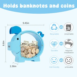 Pamctry Piggy Bank for Kids, Blue Piggy Bank for Boys, Christmas for Boys and Girls,DIY Custom Name Coin Bank with Letter Stickers for Birthdays, Christmas