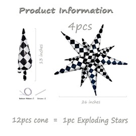 SYNUO 4Pcs Star Balloons, 26 Inch Iridescent Star Burst Exploding Star Foil Balloons, Suitable for Racing Birthday Party Baby Shower Bachelor Party Decoration Supplies (Black and White Checkered)