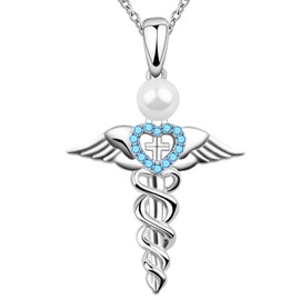 S925 Sterling Silver Caduceus Angel Nursing Themed Pendant Necklace Pearl Snake Angel Wings Birthday Necklace Heart Cross Nurse Necklace for Nurse Nursing School Students