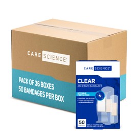 Care Science Clear Adhesive Bandages, 50 ct Assorted Sizes (Pack of 36) | Flexible + Breathable Protection Helps Prevent Infection for First Aid and Wound Care