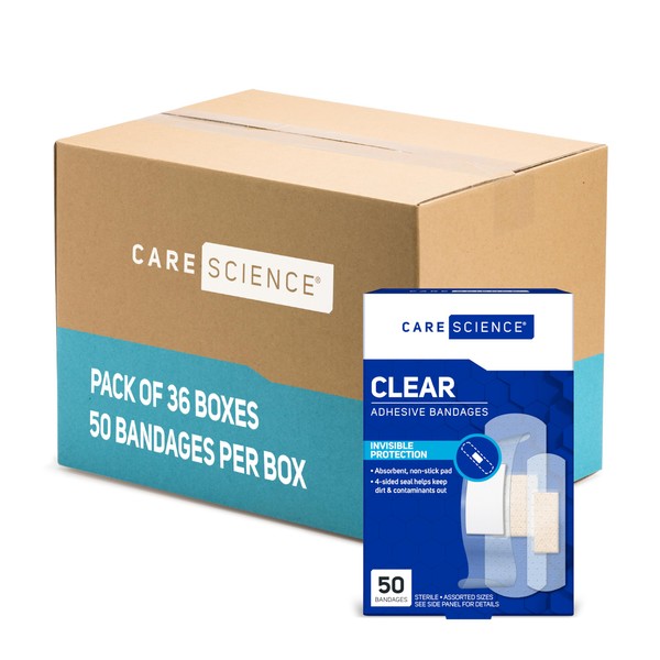 Care Science Clear Adhesive Bandages, 50 ct Assorted Sizes (Pack