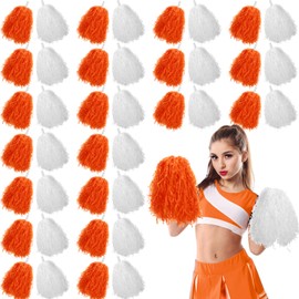 Daifunli 40 Pcs Cheerleading Pom Poms with Plastic Handles Cheerleader Squad Spirited Sports Dance Fun Foil Pompoms Hand Flowers for Adults Rooters Cheering Party(Orange, White)