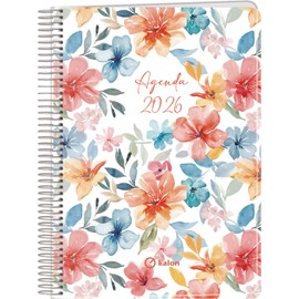 Q Kalon - 2026 Planner - Vertical Week View, A5 (15x21 cm), Annual Multilingual Agenda (ENG, FR, GER, SPA), Ring Binding, Cardboard Cover & Plastic Protector - Garden