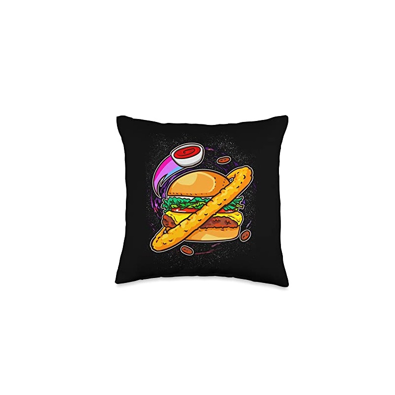Planet Cheeseburger Flying Condiments Onion Ring Galaxy Throw Pillow