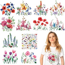 Fainne 12 Sheets Iron on Decals - Watercolor Transfers for Clothing, Heat Transfer Stickers, Spring Appliques for T-Shirts Jackets DIY Art Decor(Flower)