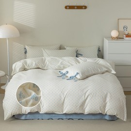 mixinni Blue Floral Duvet Cover Set King - 3 Piece Cottagecore Bedding Set with Bow Ties & Zipper Closure, 100% Cotton Soft Aesthetic Comforter Cover for Girls, Lightweight Breathable Country Style