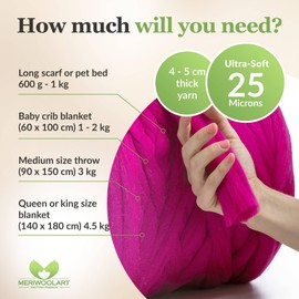 MeriWoolArt® 100% XXL Merino Wool Yarn, 4 - 5 cm Thick Wool Yarn, Felting Wool Dry Felting, Wet Felting, DIY Wool Yarn Blanket, Baby Wool, Arm Knitting Blanket Yarn, Dark Pink, 25 g