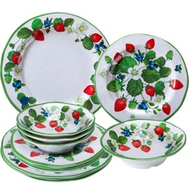 LEHAHA Strawberry Melamine Dinnerware Sets-12pcs Plates and Bowls Set, Lightweight/Unbreakable Camping Dishes Set for 4, Cute Kitchen Dinner Set for Indoor Outdoor Use