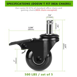 Hirate Office Chair Casters with Brake, 2" Heavy Duty Swivel Lockable Caster Wheels Rolling Safe for Hardwood, Tile & Carpet Fit Most Chairs 7/16" x 7/8", Set of 5