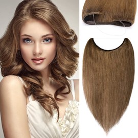 Invisible Human Hair Extension 20" Light Brown Transparent Wire Hidden Fish Line transparent Remy Hair Extension One Piece Highlighted Ombre Color Silky Straight No Clip No Glue Hairpiece 60g (20”,#06 )