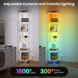 MonaSixy 6 Tier Corner Shelf with Light, Music Synic 60000 DIY LED Color Smart Remote Tall Display Shelves Corner Shelf Stand Bookshelf Wood Rack Metal Frame for Living Game Room Bedroom, White