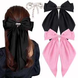 XIWIMISID Big Bow Hair Clips for Women And Girls Cute Hair Accessories Silky Satin Bows Barrettes Oversized Long Tail Ribbons Metal Hairpin 2pcs (black+pink)… (black+pink)
