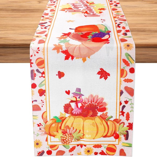 Table Runner Autumn, Maple Leaf Fruit Pumpkin Happy Thanksgiving Decorations,