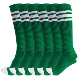3 Pairs of juDanzy Knee High Boys or Girls Stripe Tube Socks for Soccer, Basketball, Uniform and Everyday Wear (6-10 Years, Green with White Stripes)
