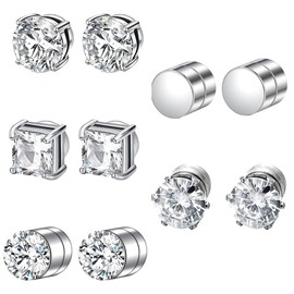 PEVRUAY Magnetic Earrings Men & Women, 5 Pairs 6 mm, Silver, Stainless Steel & Zirconia, Non-Pierced, Magnetic, 316L Stud Earrings