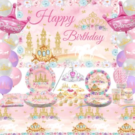 Princess Party Tableware Supplies, Includes Happy Birthday Backdrop Banner, Plate, Balloons, Napkins, Tablecloth, for Girls Princess Birthday Baby Shower Party Decorations Serve 20 Guests (Set A)