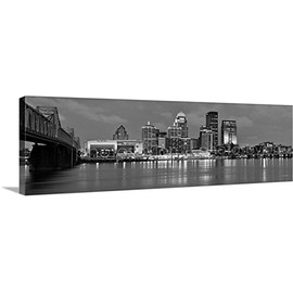PHOTOSBYJON CANVAS Louisville Skyline Dusk 16 inches x 46 inches B&W Black and White City Downtown Photographic Panorama Print Photo Picture