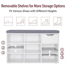 DINZI LVJ Shoe Bench,Entryway Storage Bench with Drawer and 8 Cubbies,Cubby Rack Adjustable Shelves,Shoe Organizer Cabinet for Living Room,Bedroom,Mudroom,Closet Garage,White