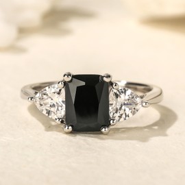 Jeulia 925 Sterling Silver Three Stone Emerald Cut Ring Promise Valentine's Day Anniversary Rings for Her Teen Girls with Jewelry Box, Sterling Silver