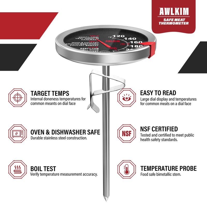 AWLKIM 2 Pack Stainless Steel Meat Thermometer, Safe Leave in