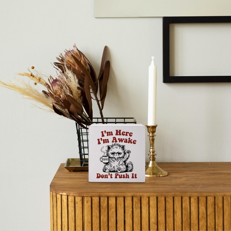Funny Office Desk Decor, Cat Coffee Wooden Sign, Cute Office