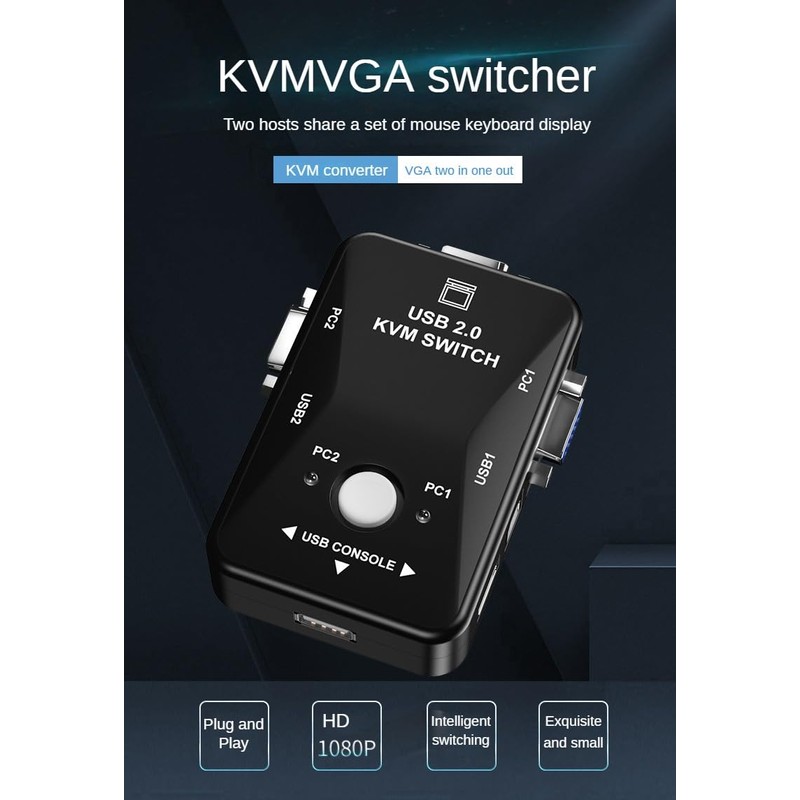 USB 2.0 KVM Switch, 2-Port VGA Display Sharing Device, 1080P