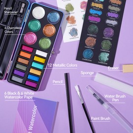 Watercolor Paint Set,18 Colors Glitter Watercolor Paint(12 Metallic Colors and 6 Chameleon Colors),Portable Travel Watercolor Set with Water Brush Pen,Pencil,Eraser,Watercolor Paper,for Adult Beginner