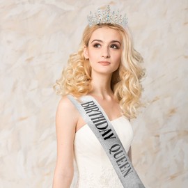 Vovii Birthday Decorations for Women Birthday Silver Tiara and Sash for Women Birthday Queen Sash Crystal Rhinestone Crown for Girl Accesorios Para Mujer Decorations for Girls