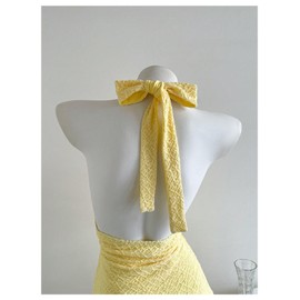 WDIRARA Women's Bow Tie Backless Sleeveless Halter Mini Dress Deep V Neck Layered Ruffle Short Dresses Yellow Small