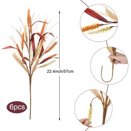 MHMJON 6 Pcs Fall Leaves Stems 22.4" Artificial Wheat Stalks Autumn Leaves Branchs Faux Fall Flowers Grass Fake Plants for Floral Arrangement Home Table Centerpieces Vase Fireplace Table Decor
