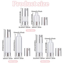 BENECREAT 6 Pieces 3 Sizes Empty Vacuum Pump Bottles, 15 ml, 30 ml, 50 ml Airless Vacuum Pump Press Bottles with Silver Head for Travel Makeup Cream, Essential Oils, Liquids