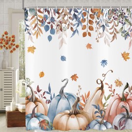 deFouliao Autumn Leaves Shower Curtain Watercolor Fall Harvest Thanksgiving Pumpkin Leaves Bathroom Shower Curtain Sets for Bathtub Home Decor Waterproof with Hooks, 72x72 Inch