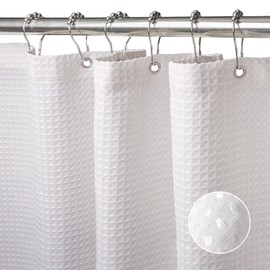 Waffle Weave Shower Curtain with Stainless Steel Hooks - 230 GSM Heavy Duty Fabric Bath Curtains, Hotel Luxury Quality, Water Resistant, Machine Washable, Weighted Hem, 72 x 84 Inches (White)