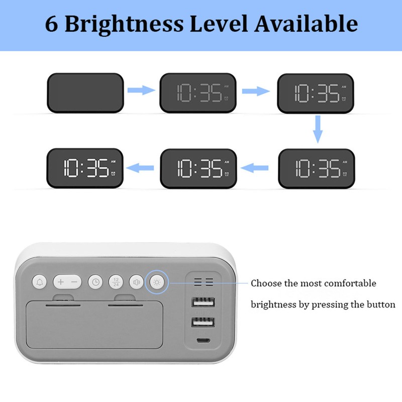LED Digital Alarm Clock Brightness Adjustable 12/24Hr White Shell Green
