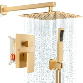 FPXRNG Gold Shower Faucet Set, Rainfall Shower System with Rain Shower Head and Handle Set, Wall Mounted Shower Fixtures, Full Metal Trim Repair Kit 12 inch Paint Gold (With Shower Valve)