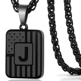 DuoDiner Initial J Necklace for Men, American Flag Letter J Pendent Chain, Stainless Steel Dog Tag Country Military Necklace Jewelry Gifts (Black) Christmas