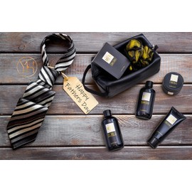 YARD HOUSE Bath and Body Spa Gift Baskets Set for Men - Sandalwood Amber - 7Pc Full Size Spa Kit in Toiletry Bag - Fathers Day Gifts For Husband, Dad From Wife, Daughter Son, Birthday Gifts For Him