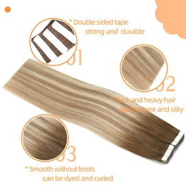 VINBAO Tape In Hair Extensions Human Hair Blonde Hair Extensions Tape In Dark Roots Color 3-8-22 Brown and Blonde Highlights Remy Hair Tape In Extensions 20 Pieces 50 Grams (T16Inch, #3/8/22)