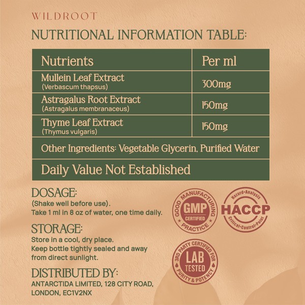 Wildroot Mullein Leaf Extract for Lungs 36,000mg | Clears Mucus,