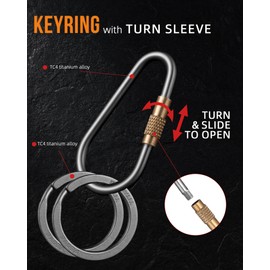 FEGVE Locking Carabiner Keychain, Small Titanium Carabiner Clip with 2pcs/1 inch/25mm Titanium Key Ring, Lightweight and Durable-1pcs