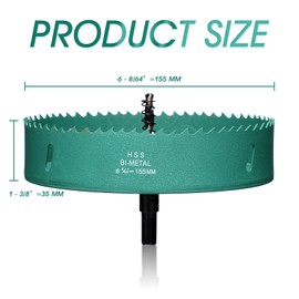 6-1/8 Inch Hole Saw for Wood, Bi-Metal Hole Drill Bit with Hex Shank, 155mm HSS Hole Cutter for Cutting Soft Metal, Iron, Aluminium, Wood, Drywall, Pipe, Plastic, Fibreboard, Green