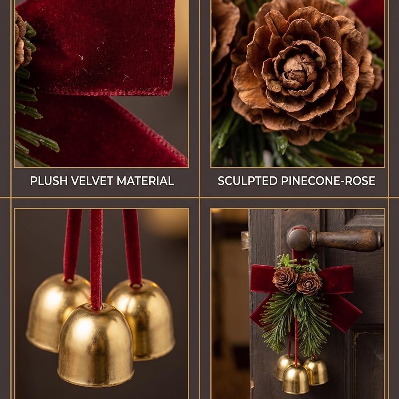 4 Pack Christmas Bow Ornaments with Jingle Bells, Pine Cone
