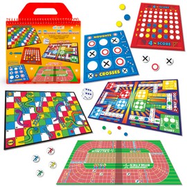 abeec 5-in-1 Travel Board Game Book | Compact & Portable Game Set with Snakes & Ladders, Ludo, 4 to Score, Noughts & Crosses & Championship Athletics | Dice, Counters & Carry Handle | Holiday & Travel
