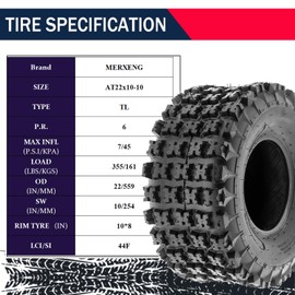 22x10-10 6PR TL UTV ATV Tire - All Terrain 22x10x10 Tires, Rim 10x8, OD 22in, SW 10in, Max Load 355lbs each Tire, LCI/SI 44F