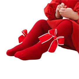 Infant Christmas Ribbed Pantyhose, Girls Stretch Mid-Rise Tights with Bows (Red) (A-Red, 2-4 Years)