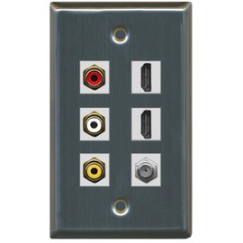 RiteAV - 3 x RCA - 2 X HDMI and 1 x Coax Cable TV Port Wall Plate - Stainless Steel